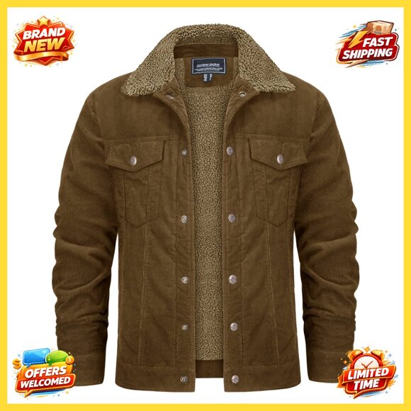 Corduroy Sherpa Lined Trucker Jacket Men's Casual Work Winter Coat Warm